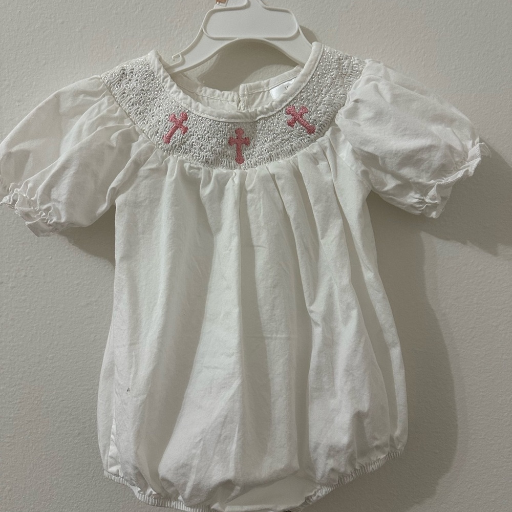 White Smocked Baby Bubble with Pink Cross Embroidery